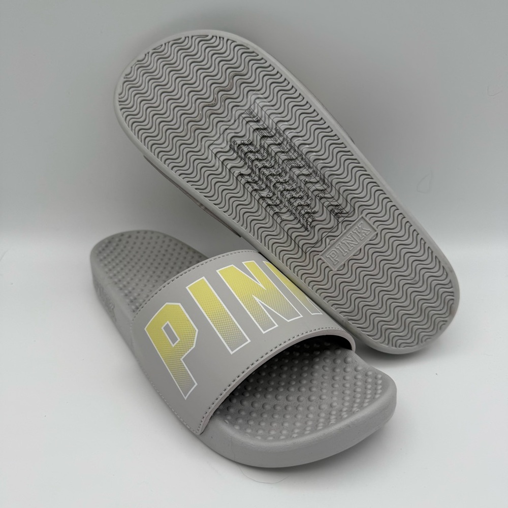NWOT‎ Women’s Victoria's Secret PINK Gray Yellow Single-Strap Slide Sandals 7/8
